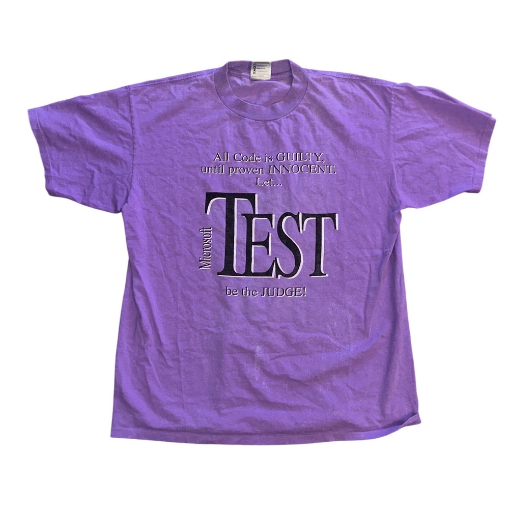 Vintage 90s Microsoft Test Promo T-Shirt Oneita Power-T Purple XL Single Stitch